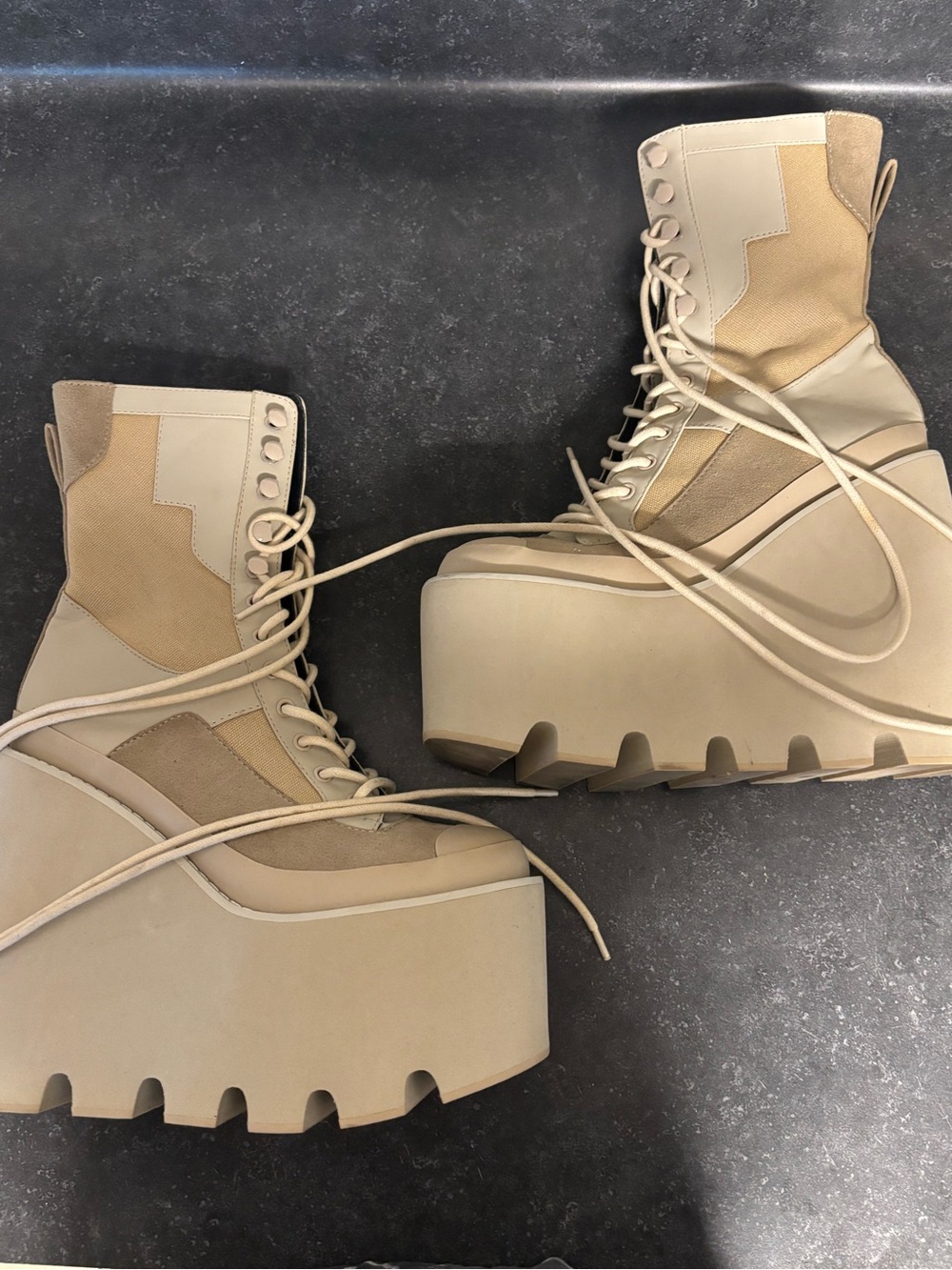 Chunky Platform Lace-Up Boots in Beige